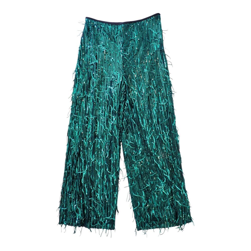 Anthropologie Maeve Fringed Sequined Wide-Leg Pants Emerald Green Size 4 Party